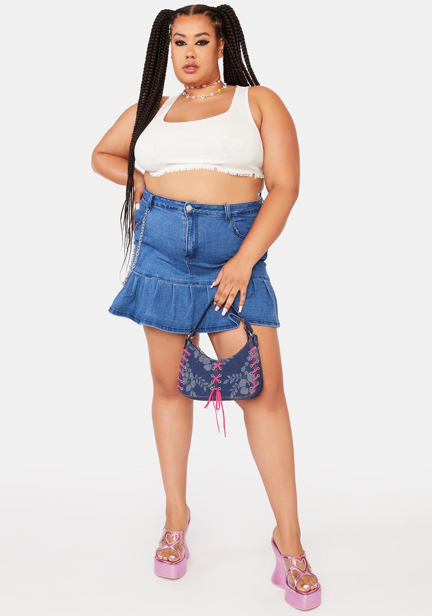 Pleated Mini Plus Size Blue Jean Mini Skirt Plus Size Medium Wash