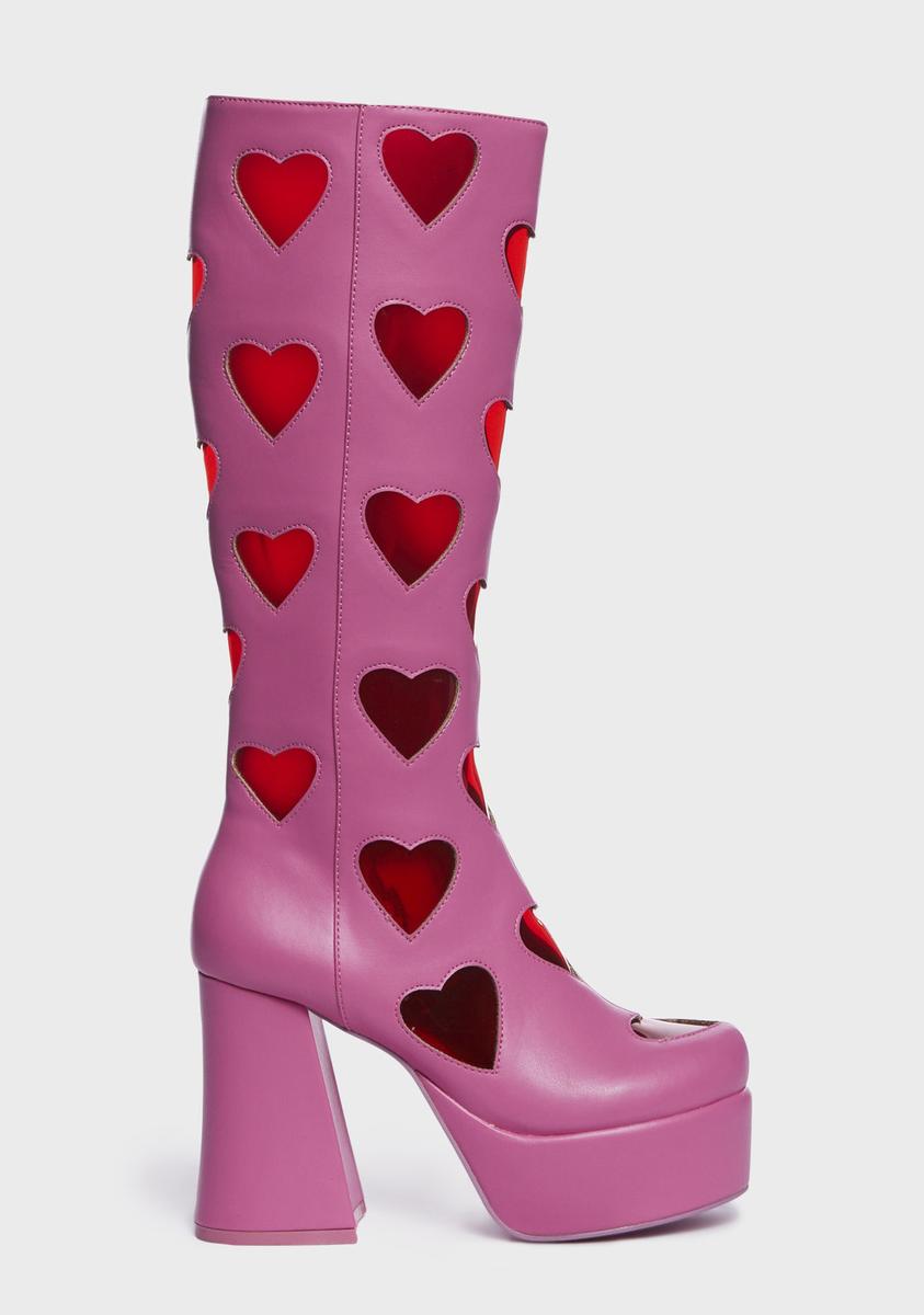 Sugar Thrillz Retro Heart 70s Platform Go Go Boots - Pink/Red – Dolls Kill