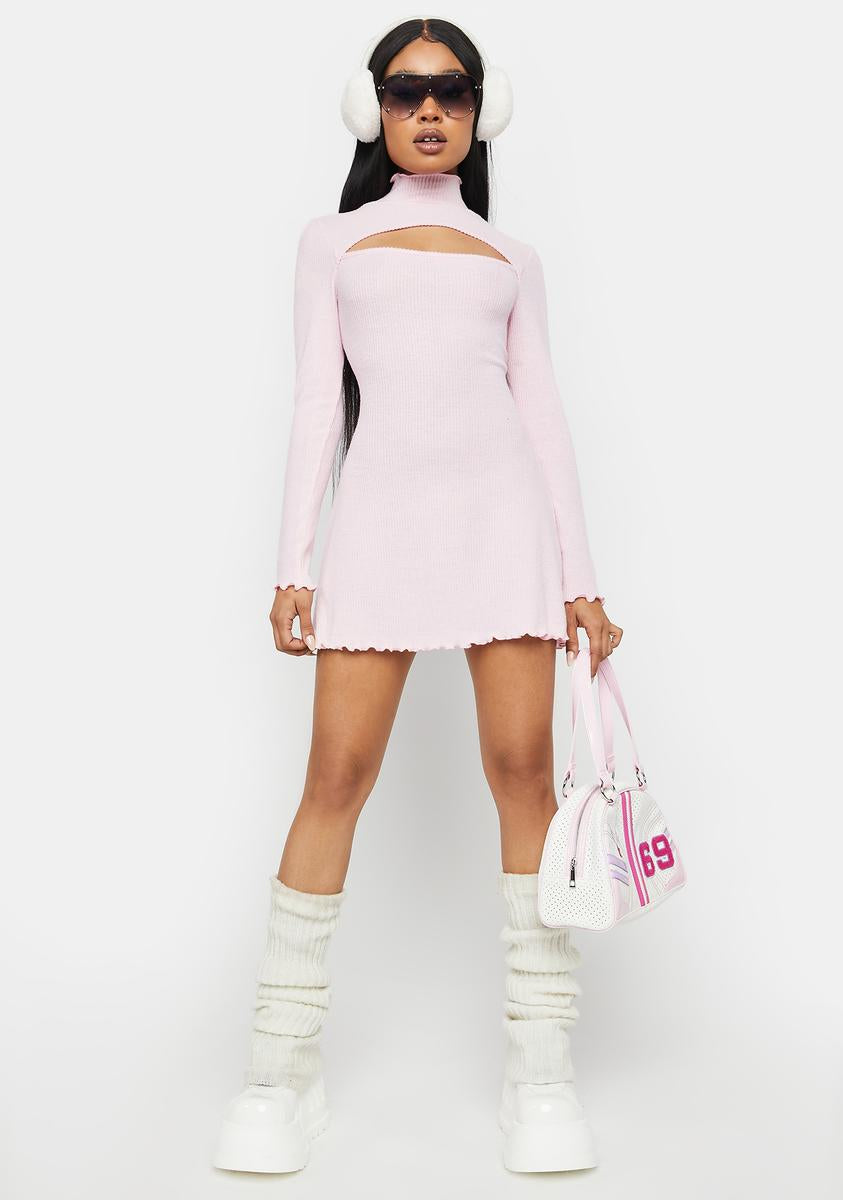 Long Sleeve A Line Lettuce Trim Keyhole Mock Neck Mini Dress - Light Pink   Dolls Kill