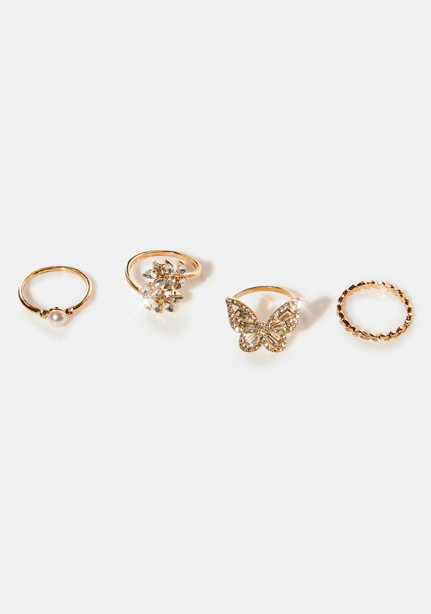 Butterfly Pearl Leaf Ring Set - Gold – Dolls Kill