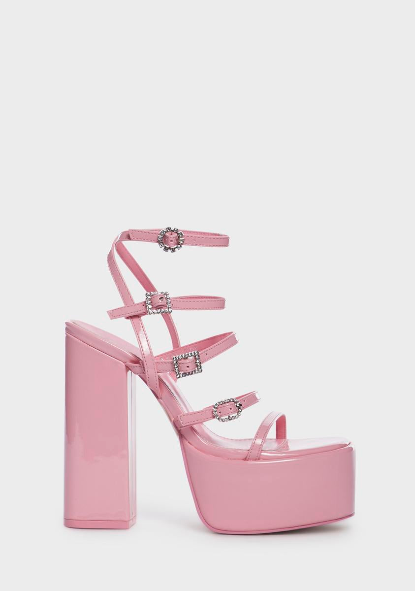 Public Desire Patent Vegan Leather Rhinestone Buckle Heels - Pink ...