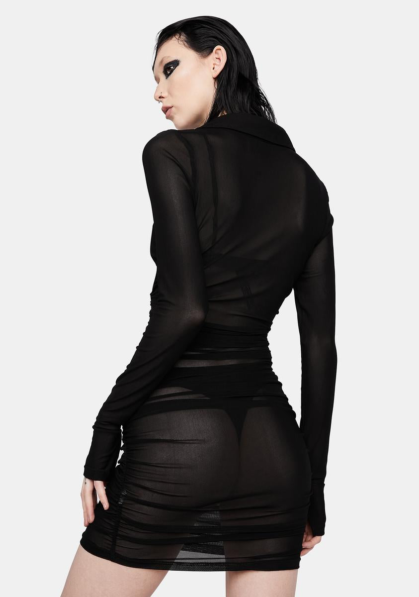 Ruched Sheer Button Up Long Sleeve Mini Dress - Black Dolls Kill Ruched Sheer Button Up Long Sleeve Mini Dress - Black Dolls Kill
