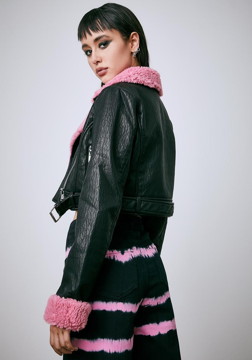 Molly Cropped Leather Moto Jacket Pink Glo