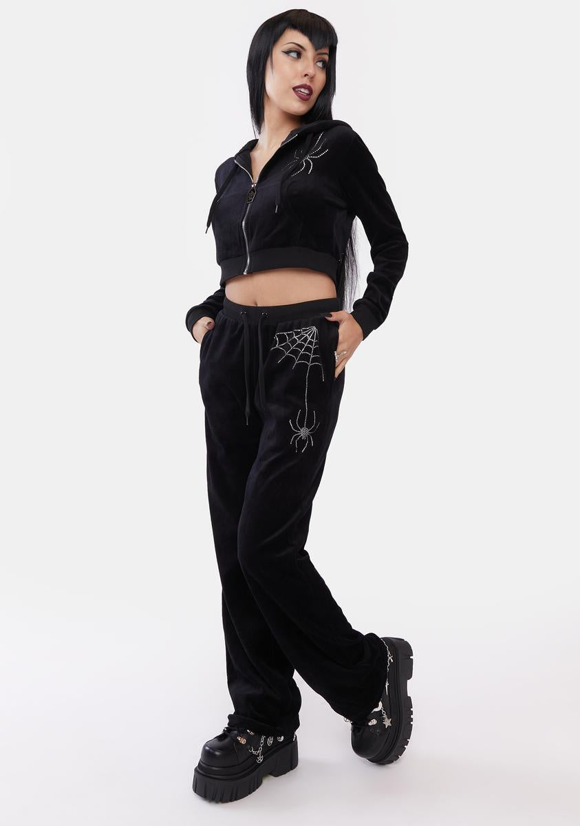 The Grave Girls Rhinestone Spider Web Velour Pants - Black