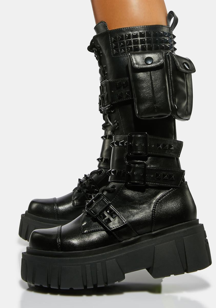 Current Mood Spiked Buckle Strap Pocket Combat Boots - Black 