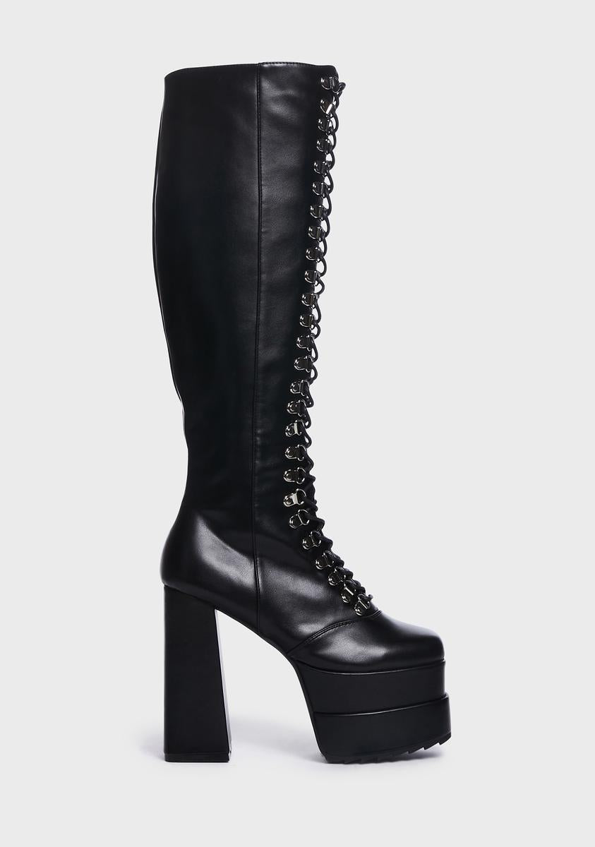 Lamoda Lace Up Platform Knee High Boots - Black – Dolls Kill