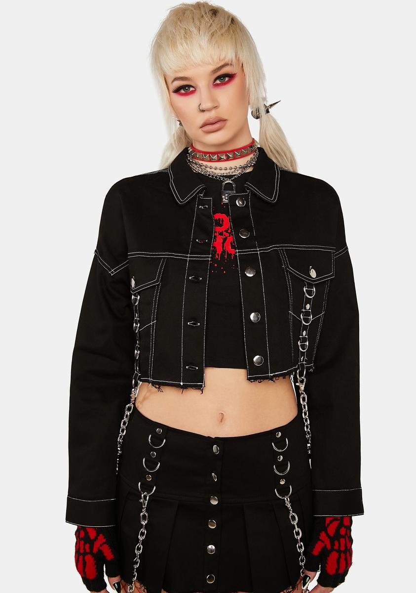 Current Mood Twill Chain Hardware Crop Jacket - Black – Dolls Kill