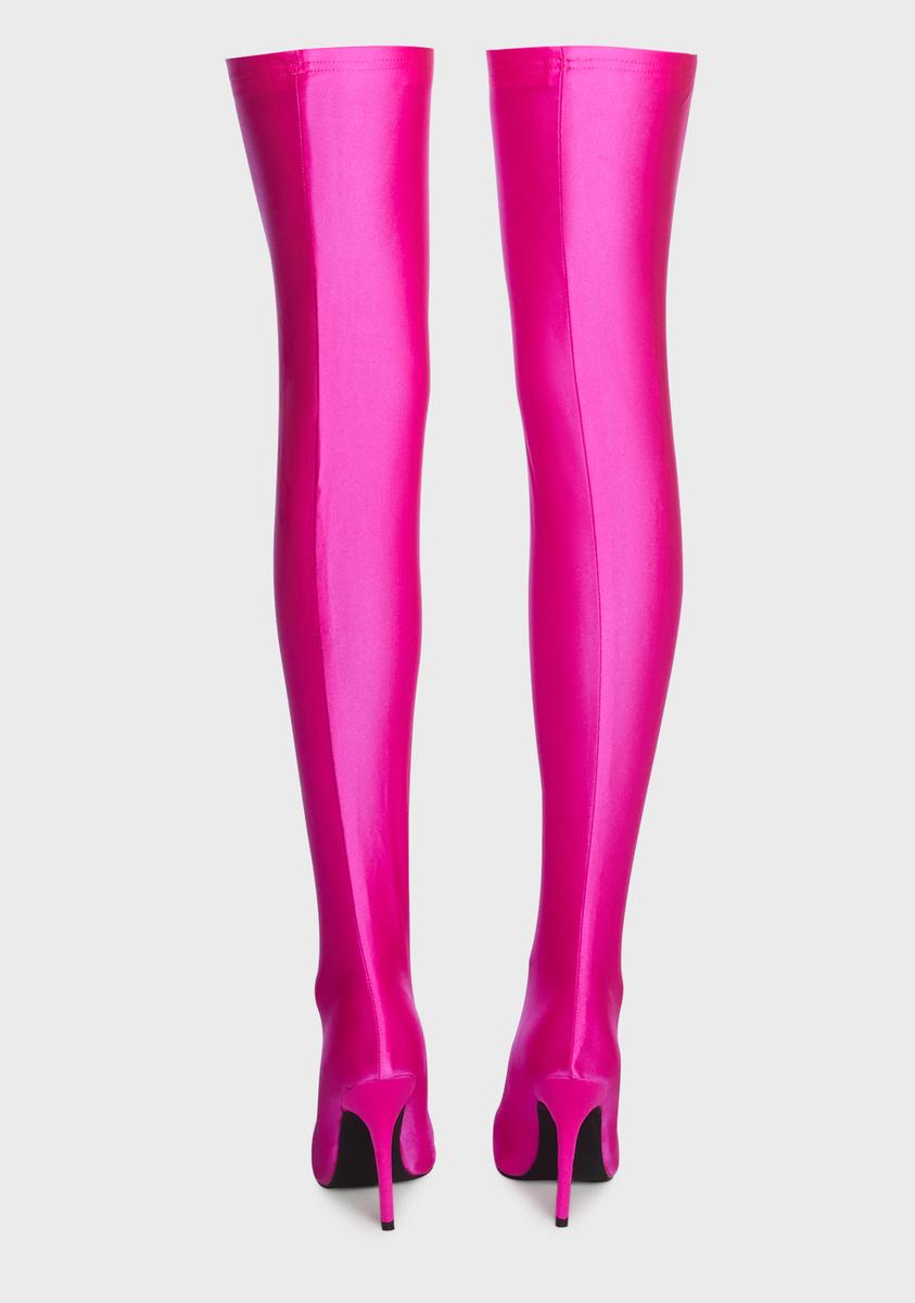 AZALEA WANG Shiny Stretch Stiletto Thigh High Boots - Pink/Fuchsia