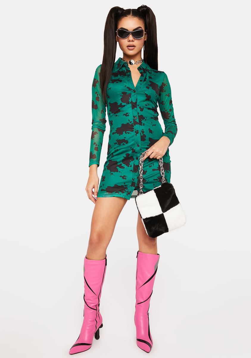 cow print mesh dress Brown Mesh Cow Print Slash Neck Mini Dress