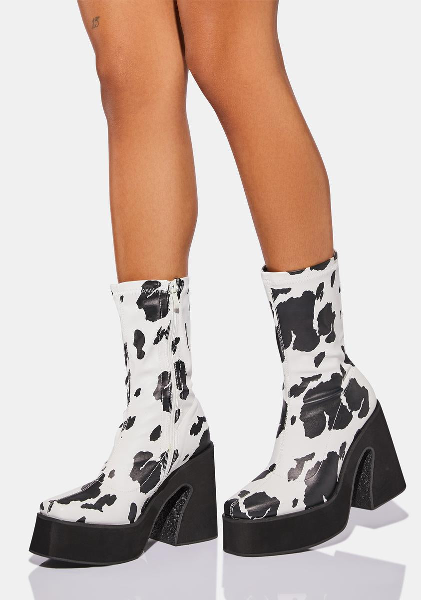 Koi Footwear Cow Print Platform Boots - Multi – Dolls Kill