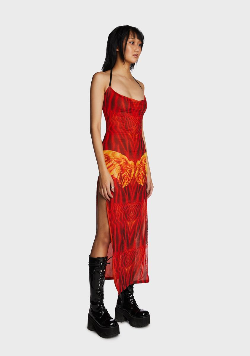 Forbidden Clothing Mesh Abstract Print Maxi Dress - Red – Dolls Kill