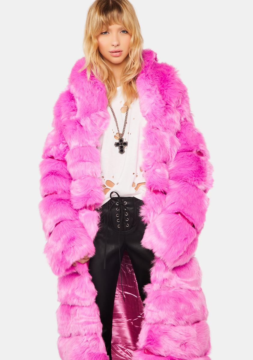 Fluo Pink Shaggy Fur Coat, Fluffy Jacket, Furry, 100