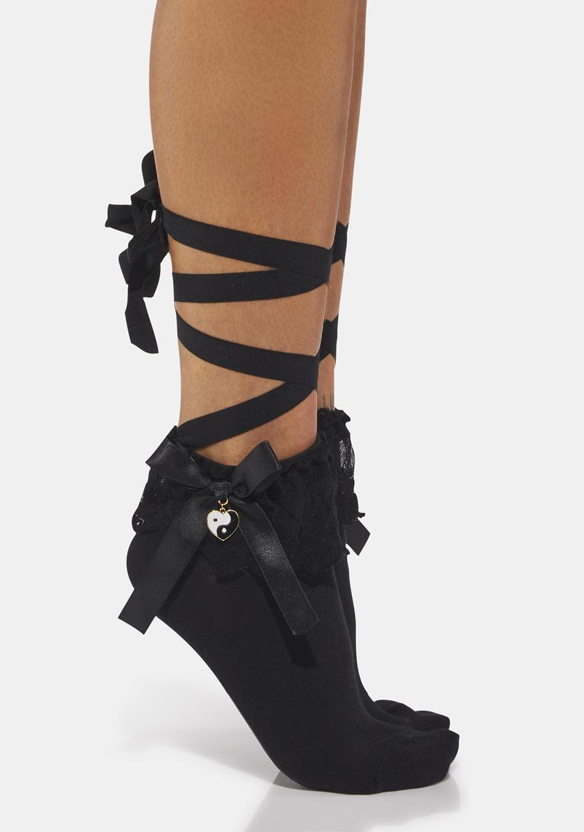 Ribbon Lace Up Socks With Yin Yang Heart Charms - Black – Dolls Kill