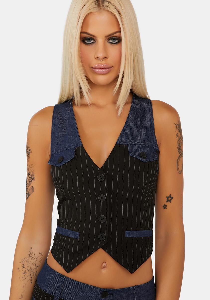 Generation Kiss Denim And Pinstripe Crop Vest - Dark Blue – Dolls Kill