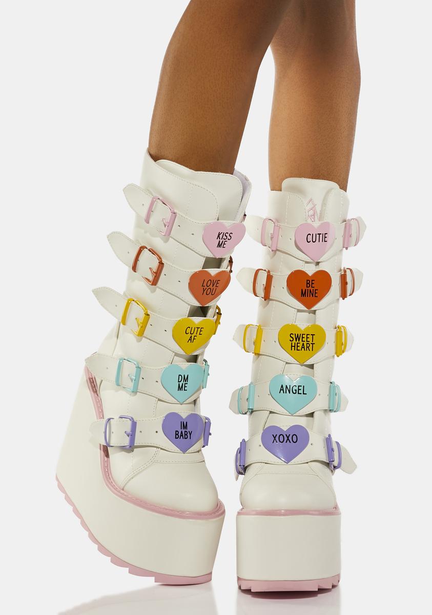 YRU Valentine Heart Buckle Platform Boots - White/Rainbow – Dolls Kill