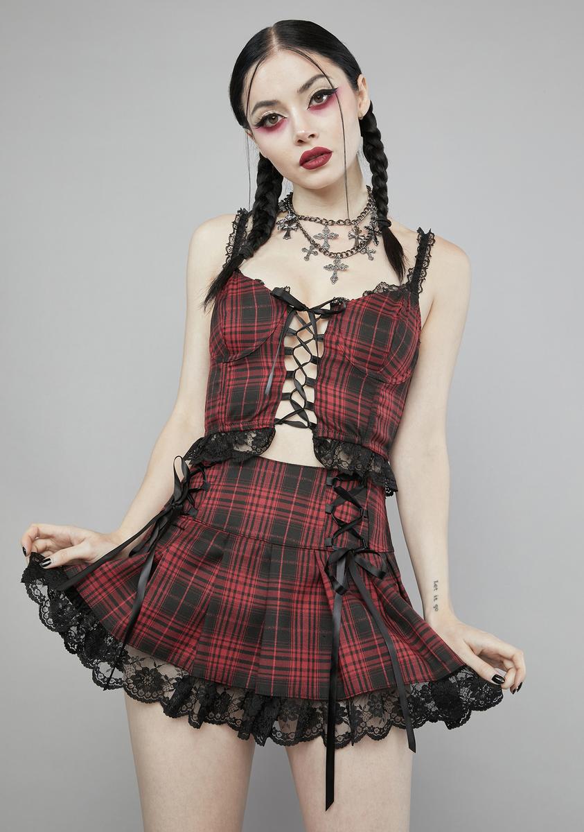 Widow Plaid Lace Up Pleated Skirt Black Red Dolls Kill