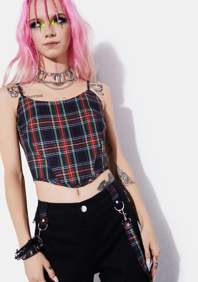 Current Mood Plaid Lace Up Back Corset Crop Top - Red Multicolor ...