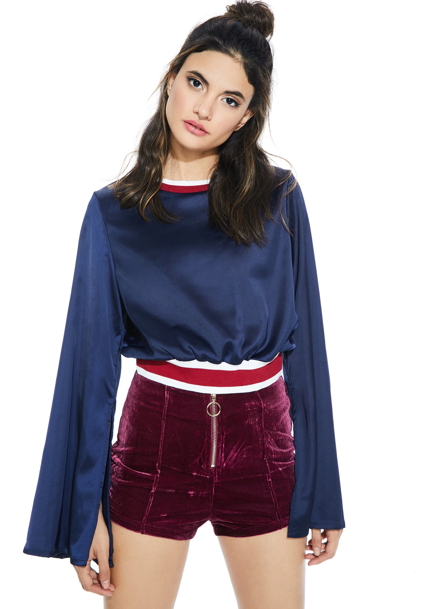 Satin Flared Blouse Top Navy – Dolls Kill