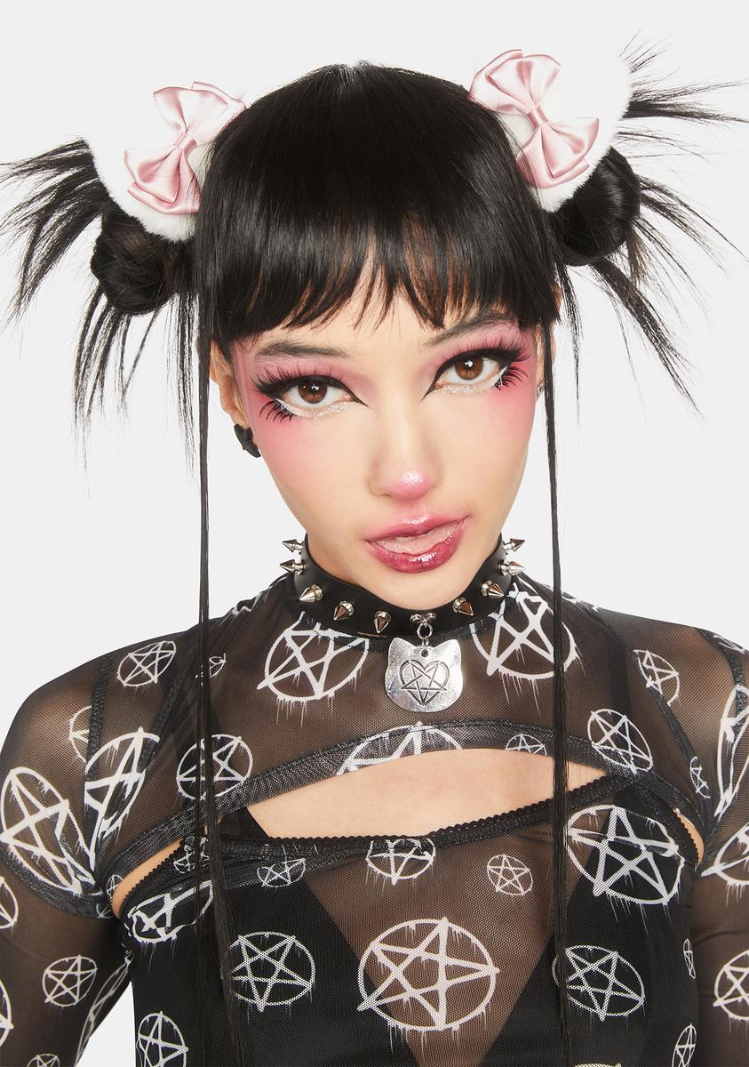 ClipIn Faux Fur Cat Ears W/ Bows White Dolls Kill
