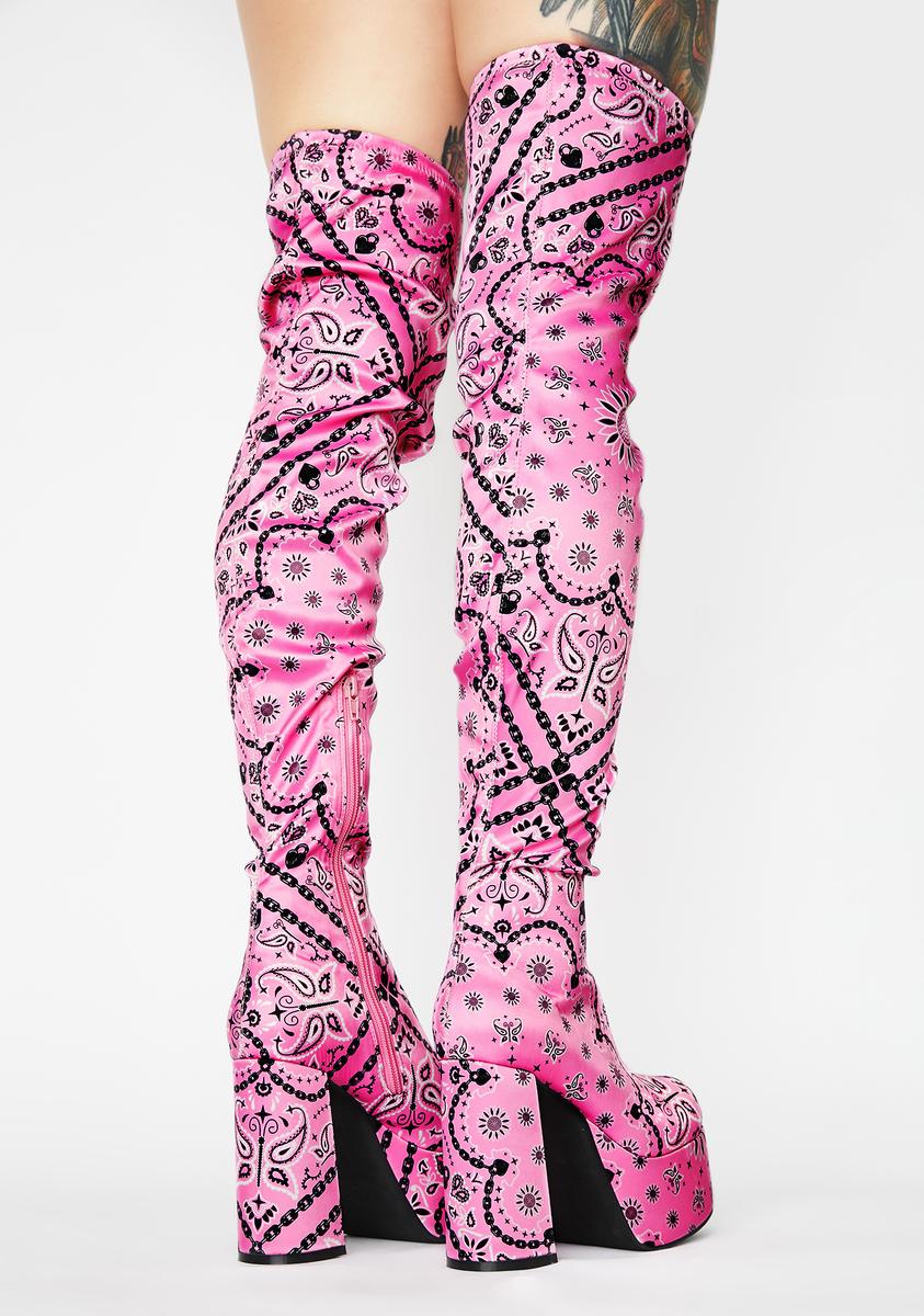 Sugar Thrillz Bandana Print Thigh High Boots Pastel Pink – Dolls