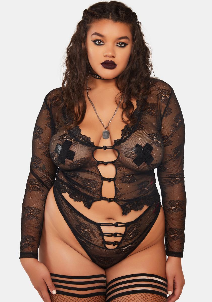 Plus Size Sheer Floral Lace Cardigan And Thong Set - Black – Dolls Kill