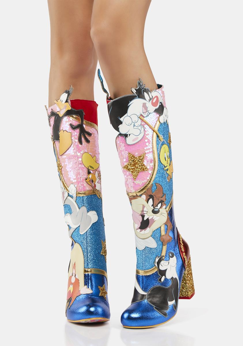Irregular Choice Looney Tunes Knee-High Boots Red/Yellow/Blue