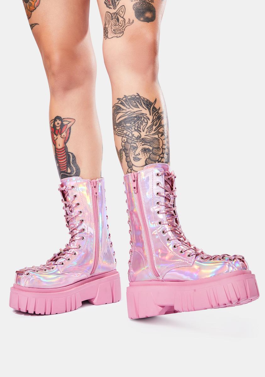 Club Exx Holographic Corset Lace Up Combat Boots Pink – Dolls Kill