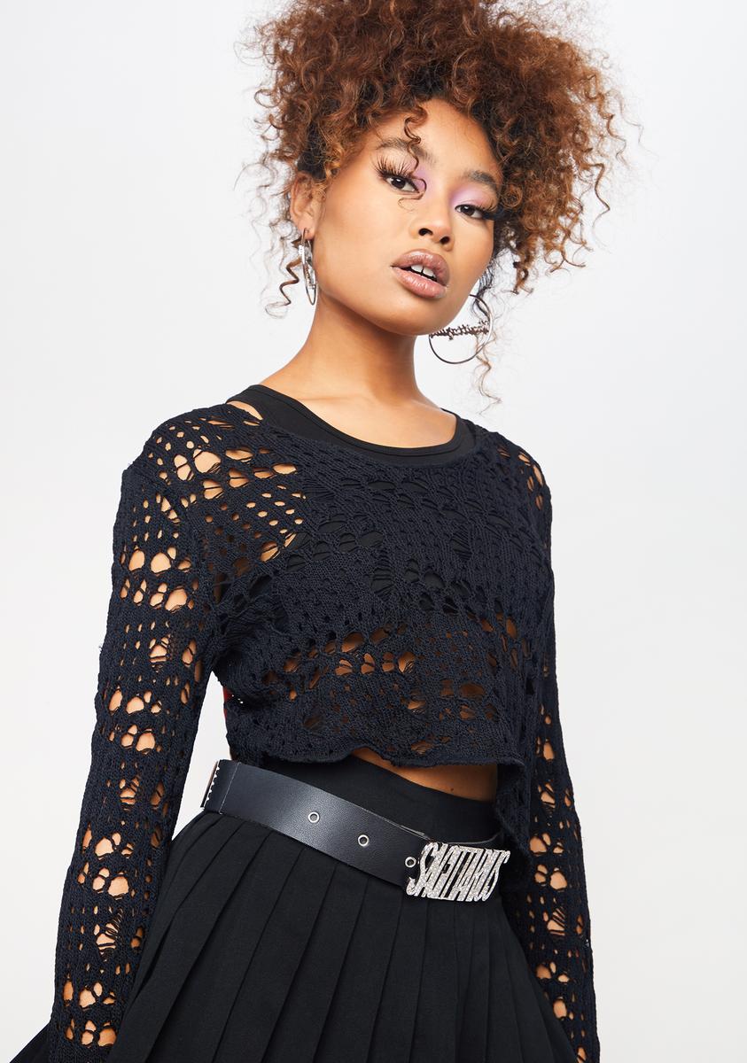 Horoscopez Sagittarius Distressed Knit Long Sleeve Crop Top