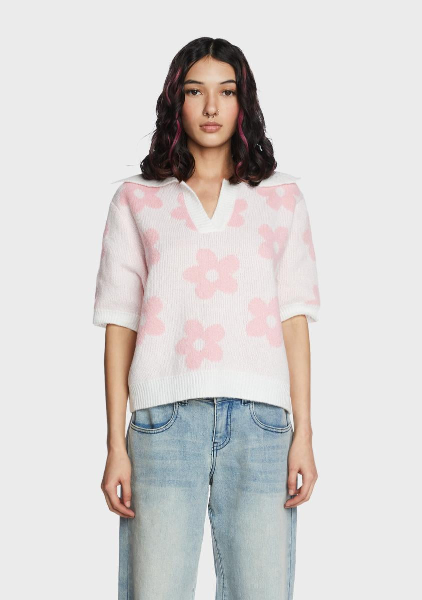 Ribbed Knit Floral Collared Sweater Shirt - Pink – Dolls Kill