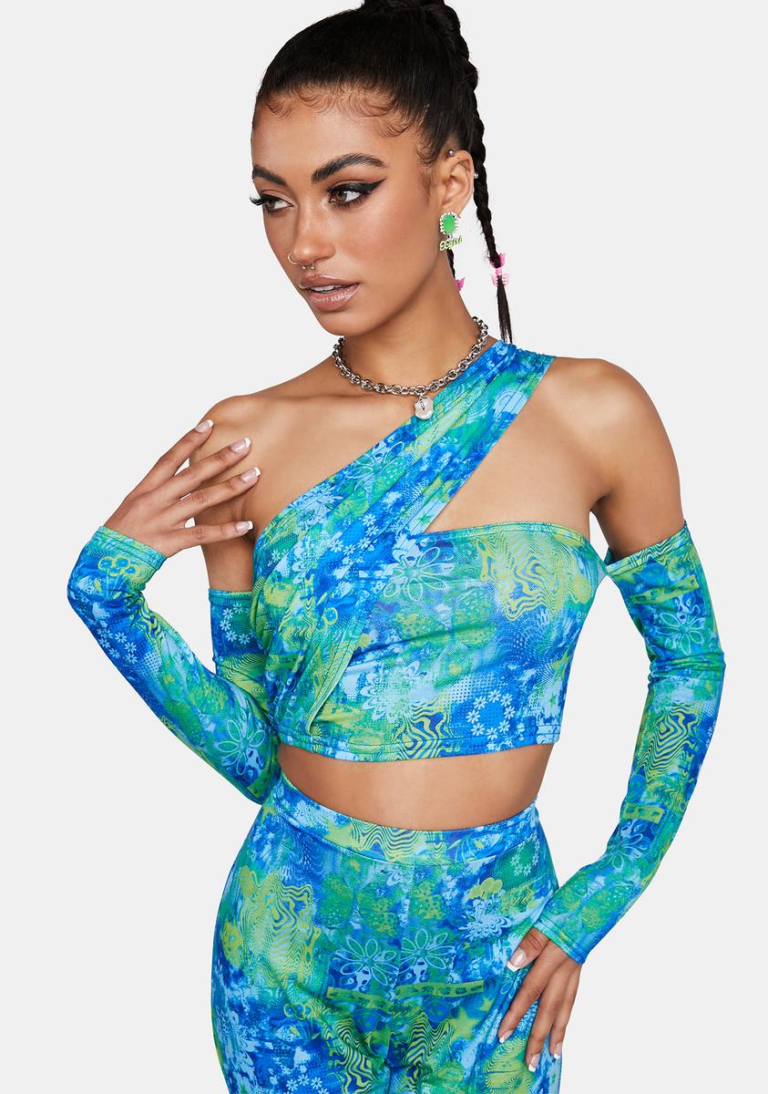 Blue Printed One Shoulder Crop Top Daisy Street,All Products : American Fashion Style Bags On Sale