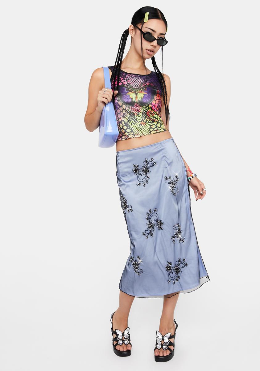Delia's Low-Rise Tulle Floral Embroidery Midi Skirt Periwinkle