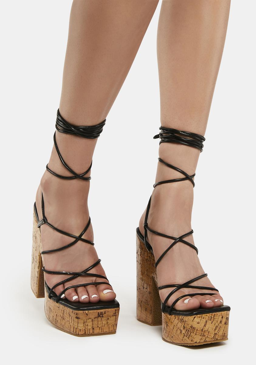 Lemon Drop by Privileged Cork Wrap Platform Heels Black/Brown Dolls