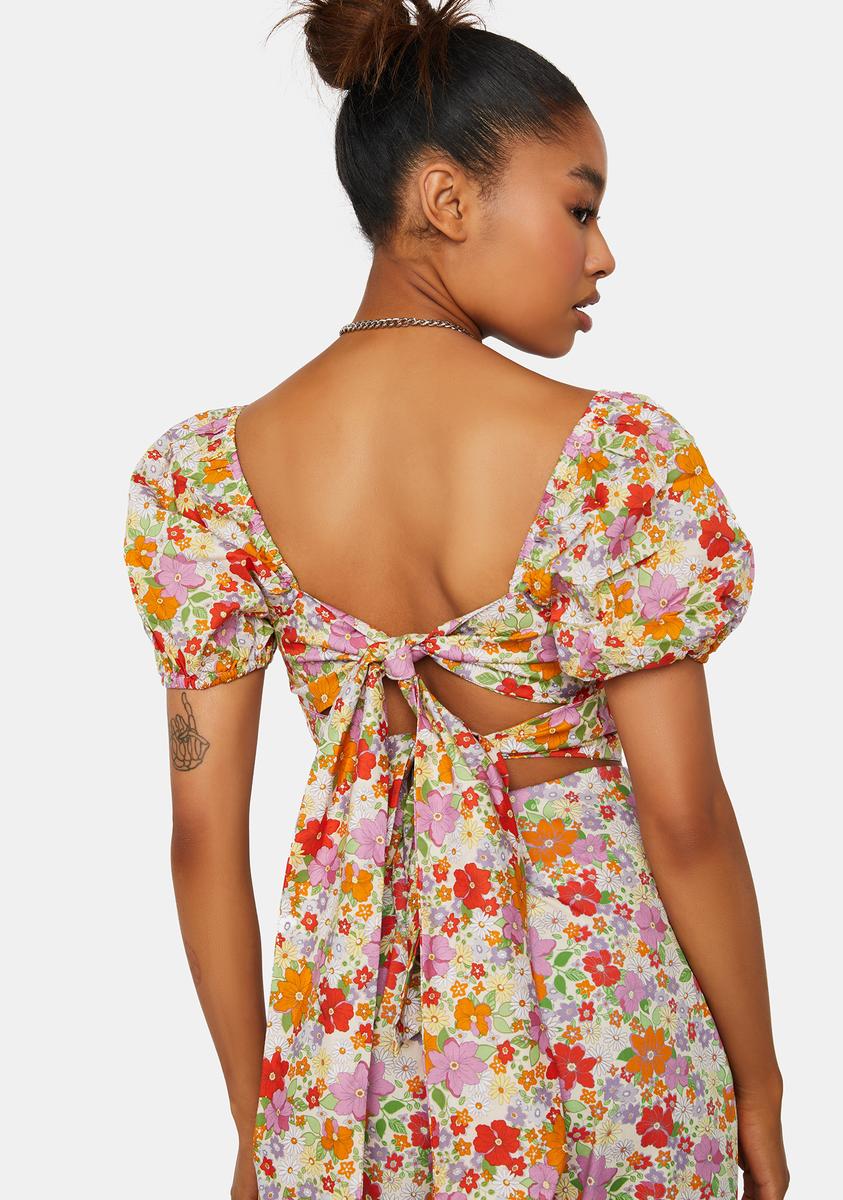Glamorous Retro Floral Print Puff Sleeve Crop Top