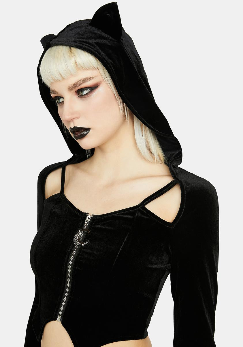 Dark In Love Velvet Cat Ears Zip Hoodie Crop Top - Black Dark In Love Velvet Cat Ears Zip Hoodie Crop Top - Black