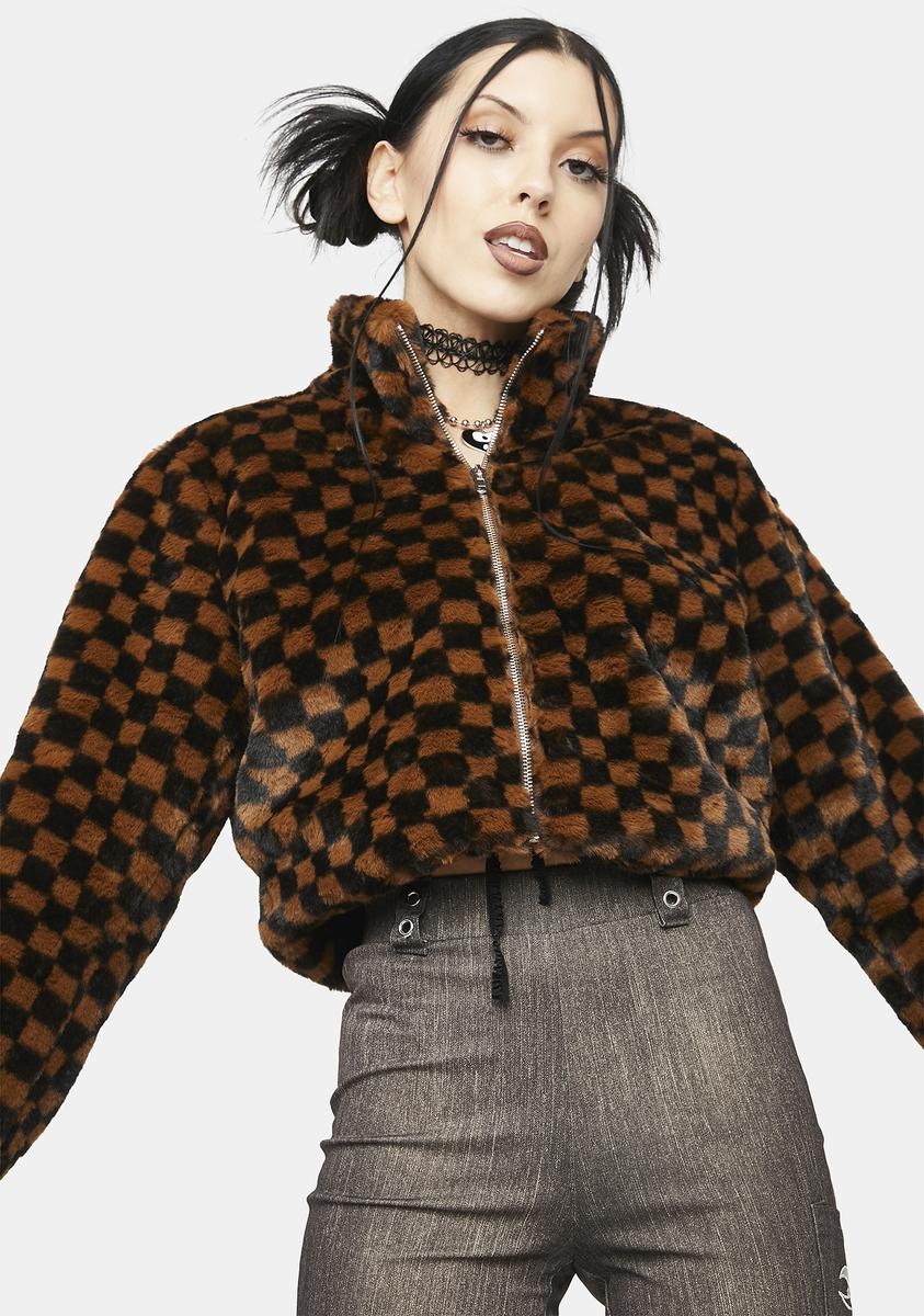 Checkered Faux Fur Fuzzy Jacket - Multi – Dolls Kill
