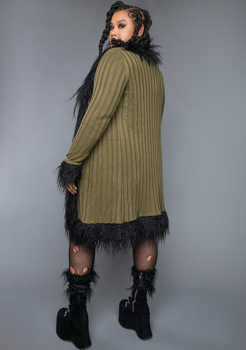 Plus Size Widow Knit Ribbed Faux Fur Trim Cardigan Green – Dolls