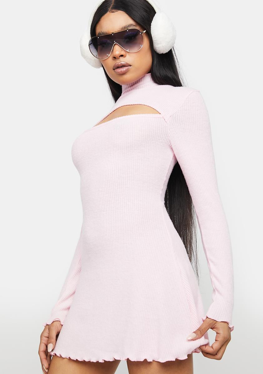 Long Sleeve A Line Lettuce Trim Keyhole Mock Neck Mini Dress - Light Pink   Dolls Kill