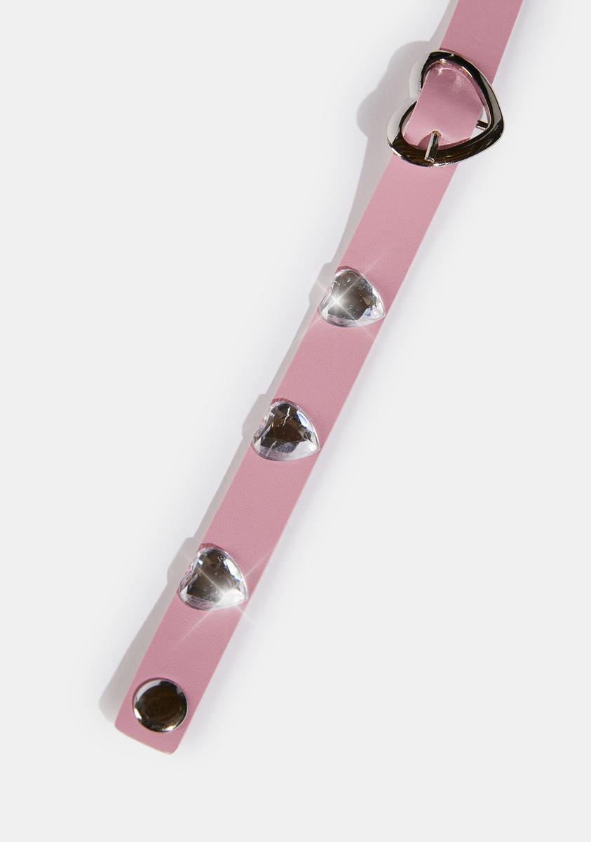 Vegan Leather Heart Rhinestone Choker Necklace - Pink