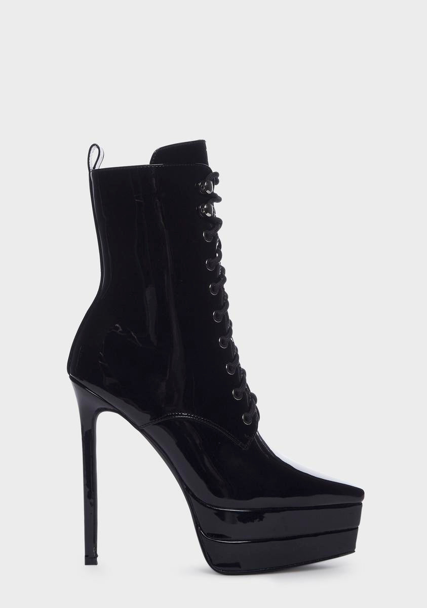 Azalea Wang Stiletto Heel Platform Lace-Up Boots - Black Patent – Dolls ...
