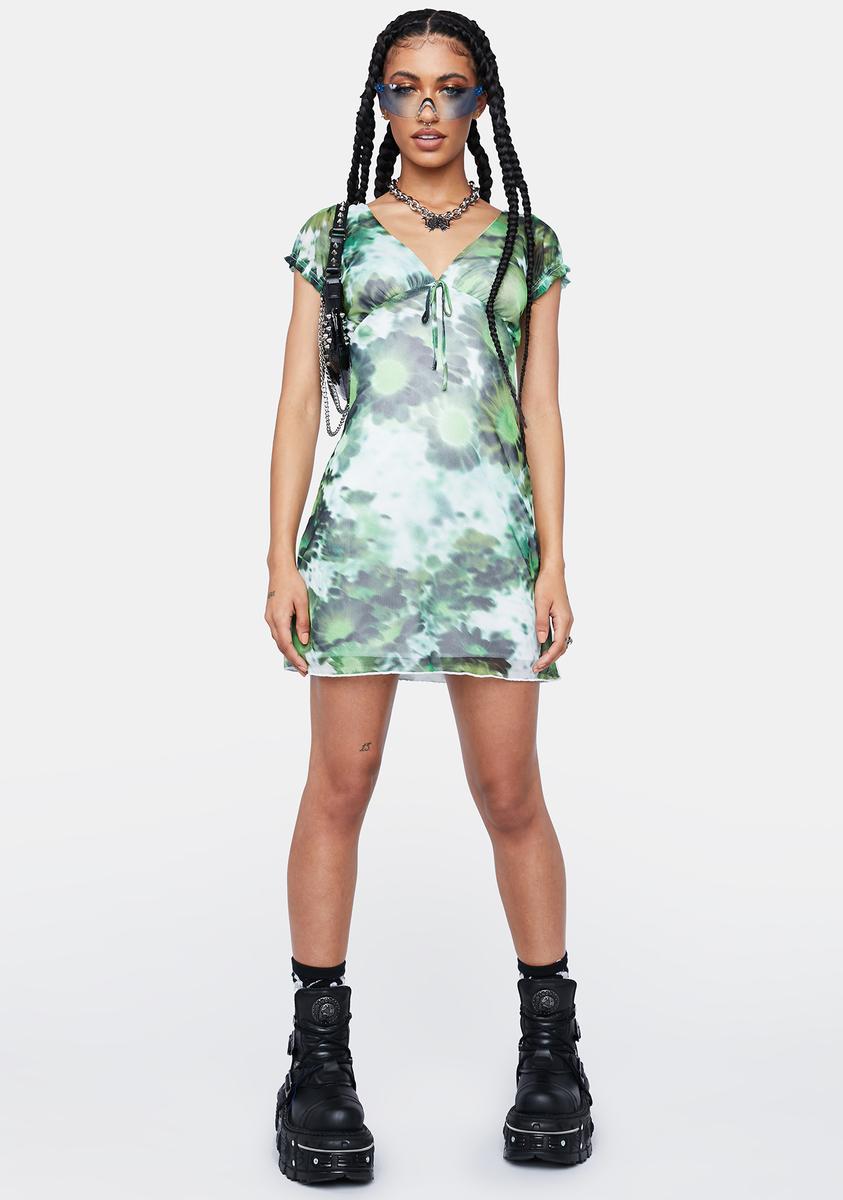 Motel V-Neck Mini Dress - Xray Blurred Daisy Green Mesh – Dolls Kill