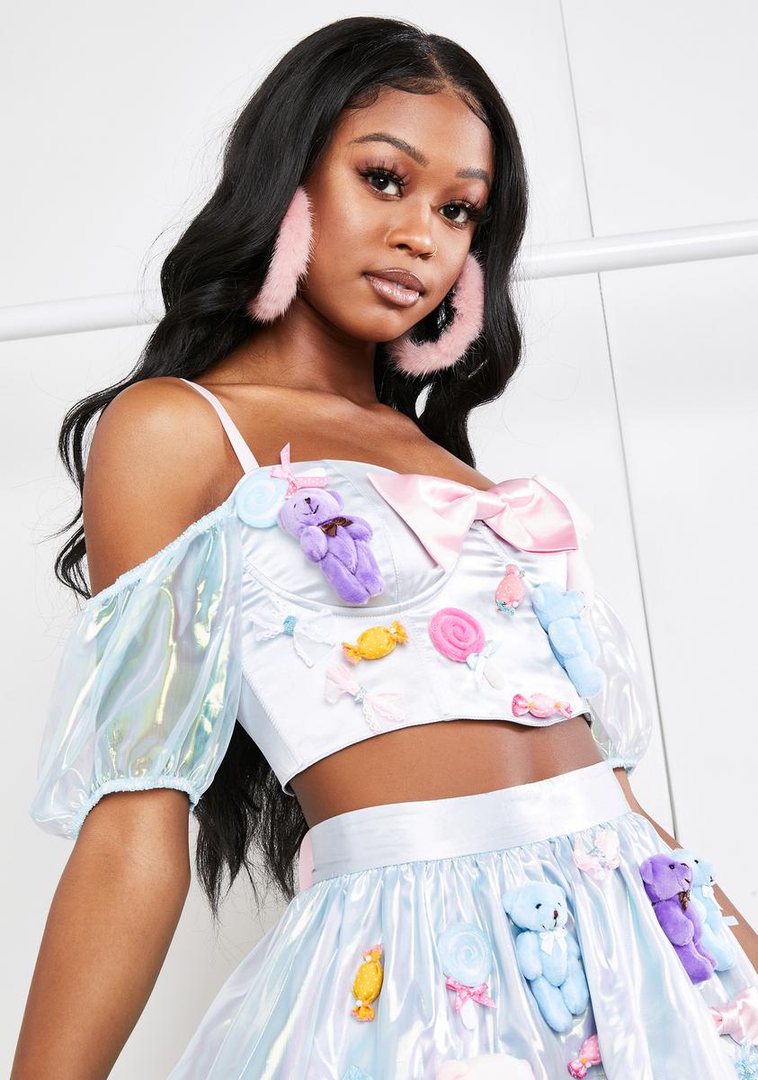 Sugar Thrillz Candy Stuffed Bear Satin Bustier Top Blue Dolls Kill