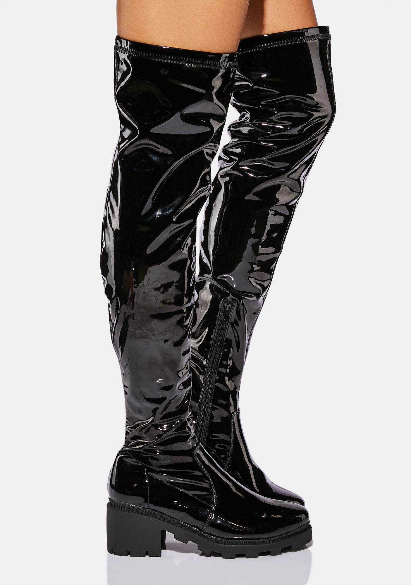 Vegan Patent Leather Thigh High Boots - Black | US 5 1/2