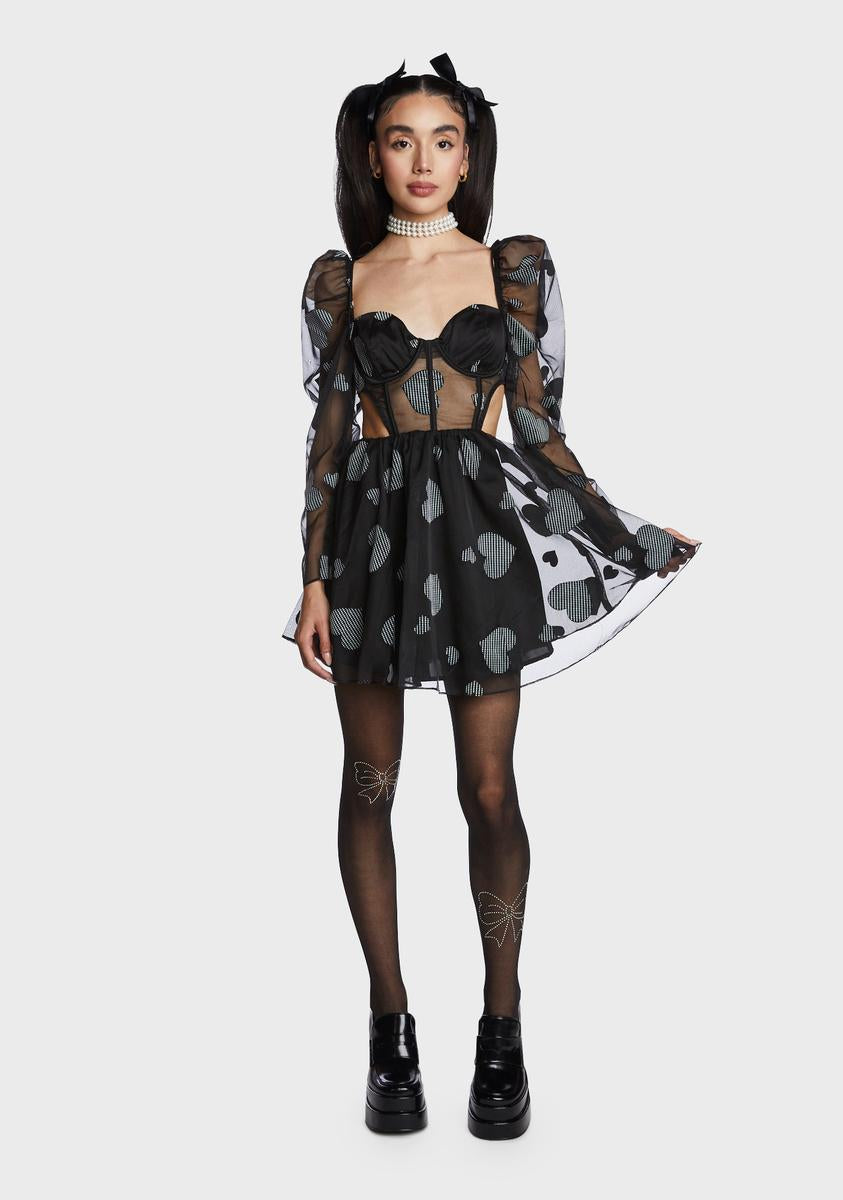 knee length dresses for ladies For Love & Lemons Houndstooth Heart Print Sheer Mini Dress