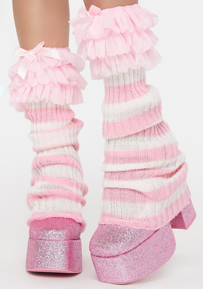 Striped Ribbed Ruffle Leg Warmers - Pink – Dolls Kill