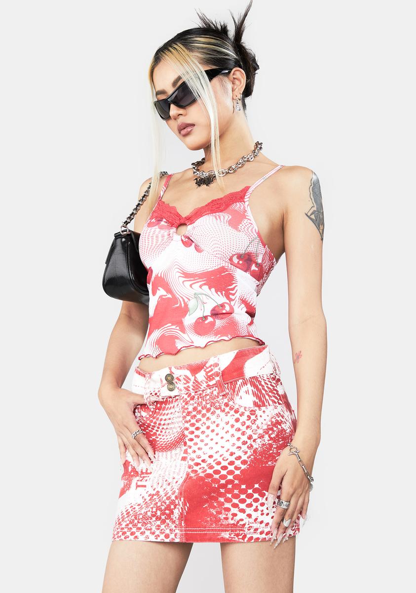 jaded london red mini dress Jaded London Red Dot Print Denim Mini Skirt – Dolls Kill