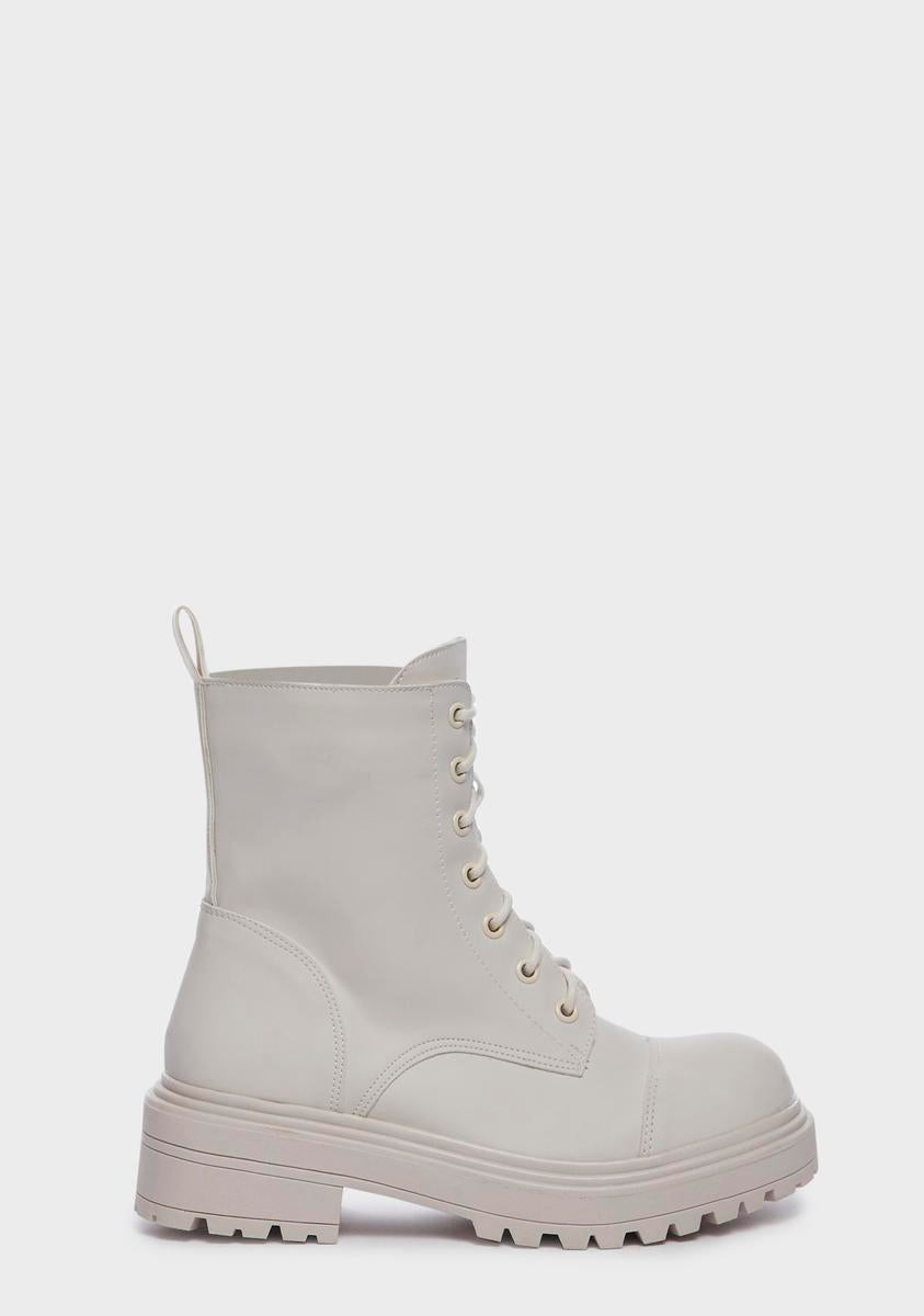 Vegan Leather Treaded Lace Up Boots - White – Dolls Kill
