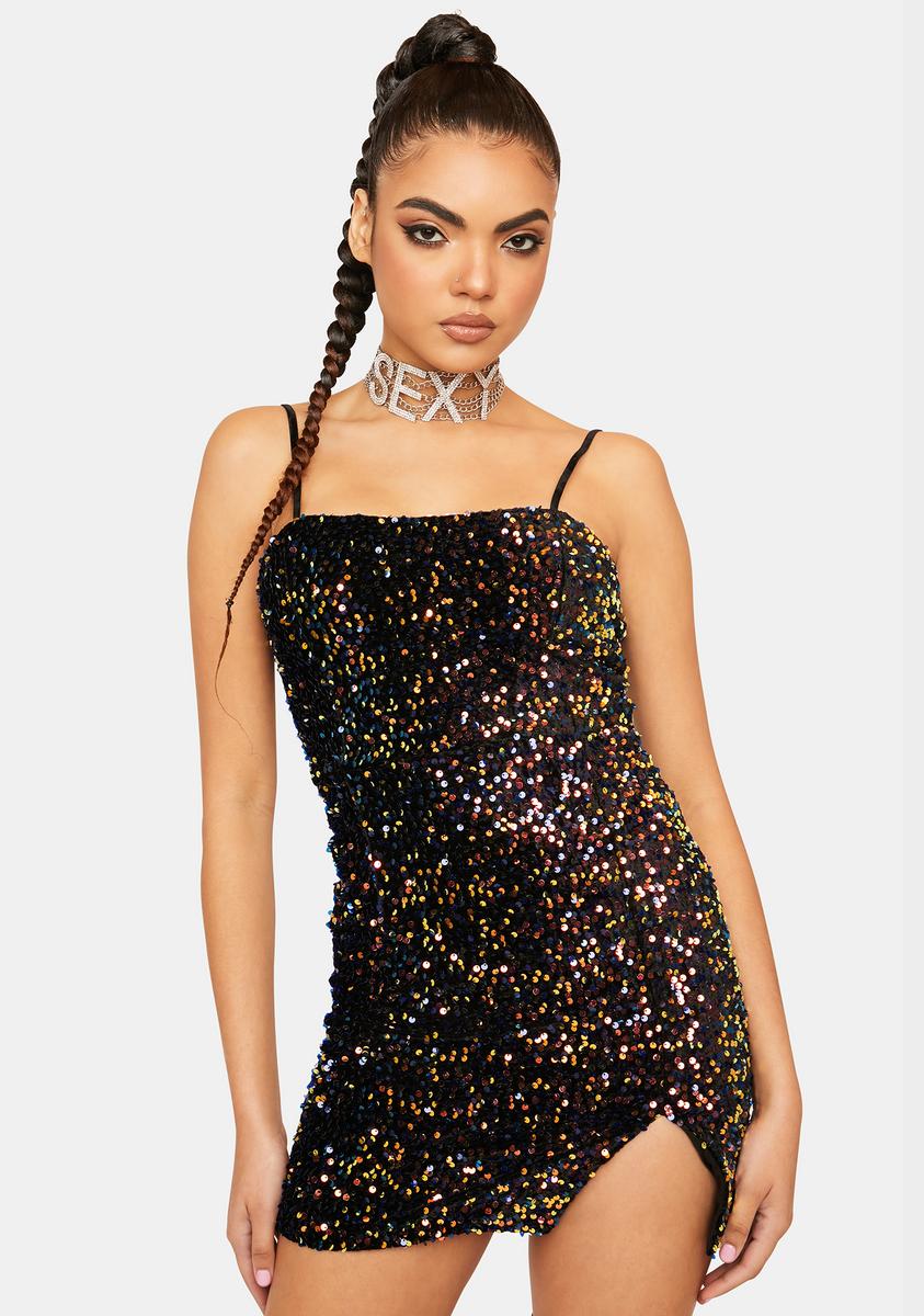 Square Strap Slit Sequin Mini Dress