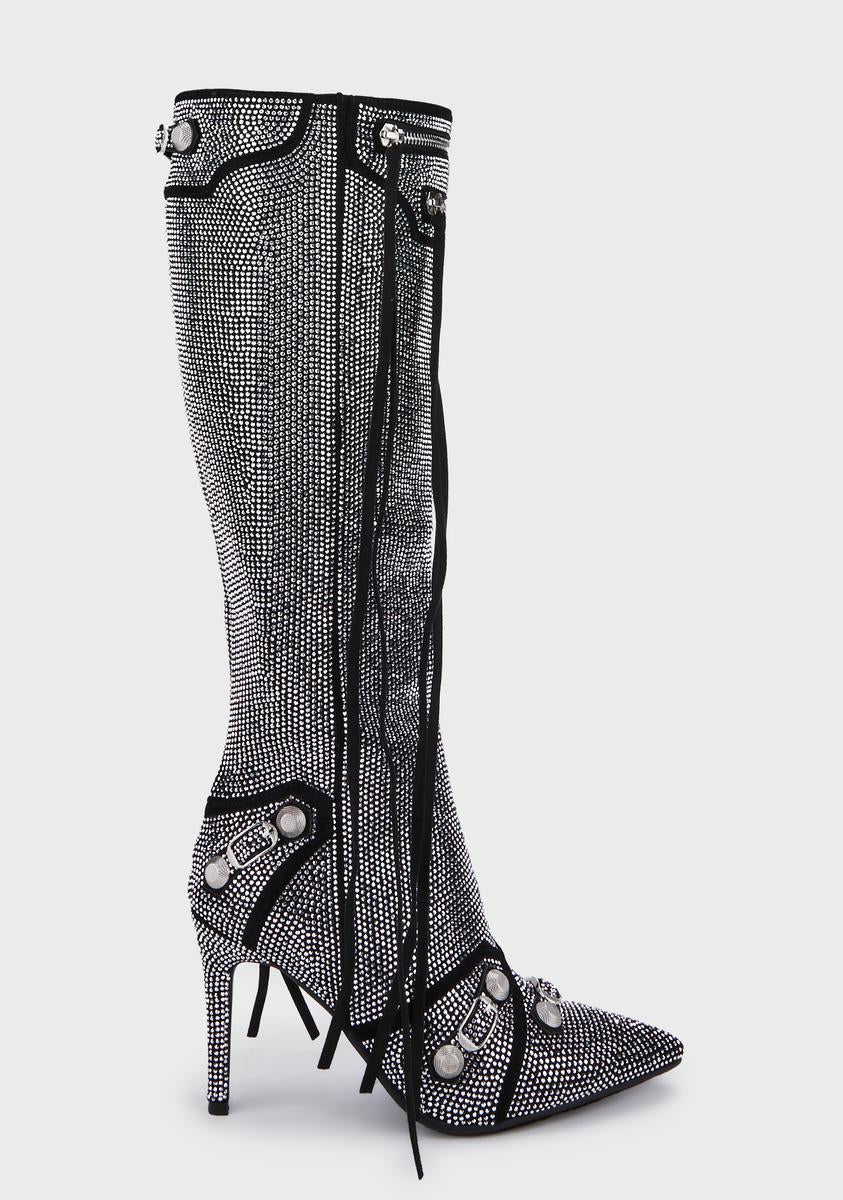 AZALEA WANG Rhinestone Knee High Heeled Boots - Silver – Dolls Kill