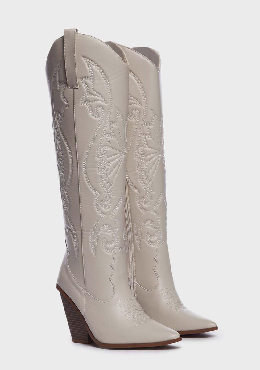 Vegan Leather Stitched Zip Up Cowboy Boots - White – Dolls Kill