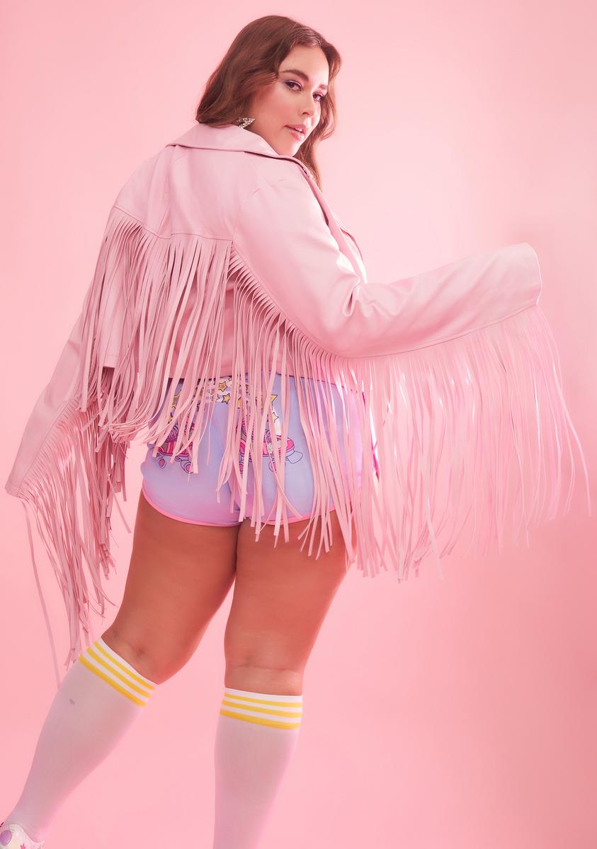 Plus Size Sugar Thrillz Fringe Vegan Leather Moto Jacket Pink